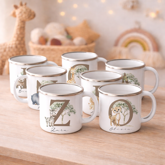 Personalisierte Emaille Tasse mit Namen & Buchstabe – Süße Safari Motive im Boho-Stil – Bruchsicherer Kinderbecher 300ml