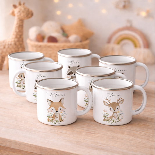 Personalisierte Emaille Tasse mit Namen – Süße Waldtiere Motive im Boho-Stil – Kinderbecher / Campingbecher 300ml