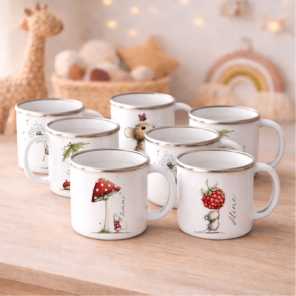 Personalisierte Emaille Tasse für Kinder mit Namen – Süße Maus Motive im Boho-Stil
