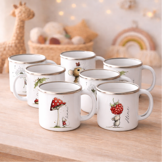 Personalisierte Emaille Tasse für Kinder mit Namen – Süße Maus Motive im Boho-Stil