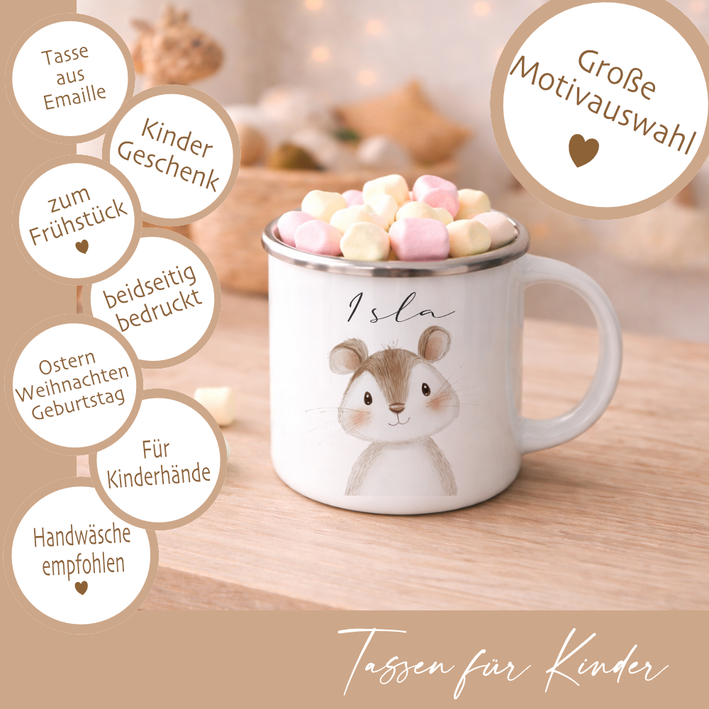 Personalisierte Kinder Emaille-Tasse mit Namen – Niedliche Tiermotive | Geschenk zur Geburt, Taufe oder Geburtstag
