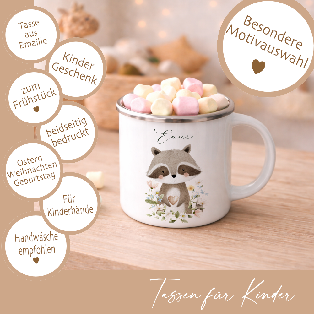 Personalisierte Emaille Tasse mit Namen – Süße Waldtiere Motive im Boho-Stil – Kinderbecher / Campingbecher 300ml