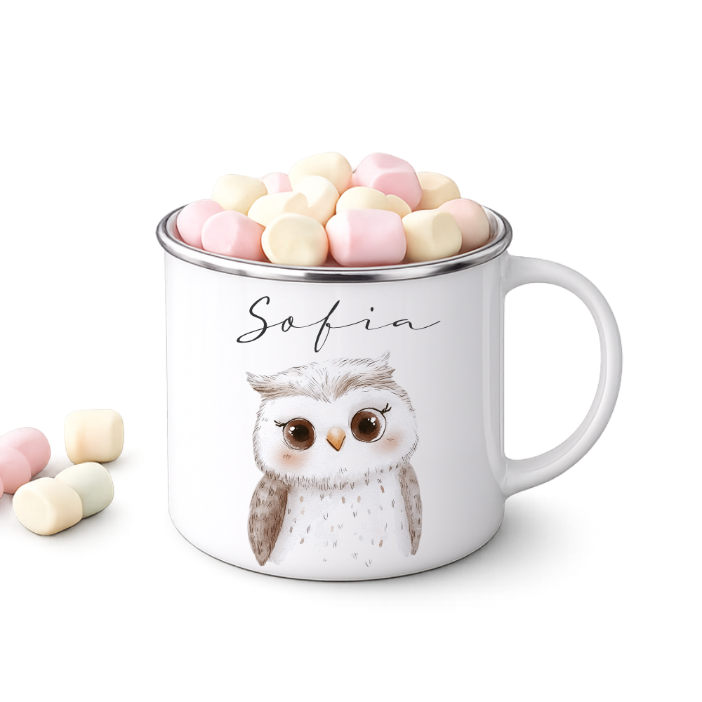 Personalisierte Kinder Emaille-Tasse mit Namen – Niedliche Tiermotive | Geschenk zur Geburt, Taufe oder Geburtstag