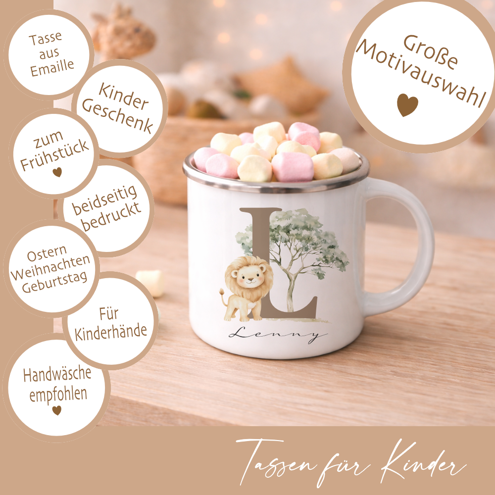 Personalisierte Emaille Tasse mit Namen & Buchstabe – Süße Safari Motive im Boho-Stil – Bruchsicherer Kinderbecher 300ml