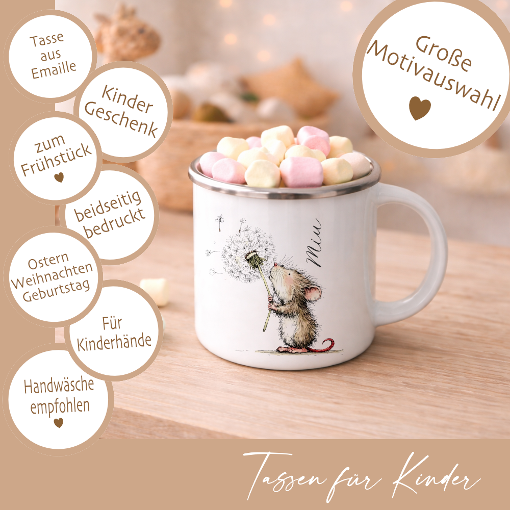Personalisierte Emaille Tasse für Kinder mit Namen – Süße Maus Motive im Boho-Stil