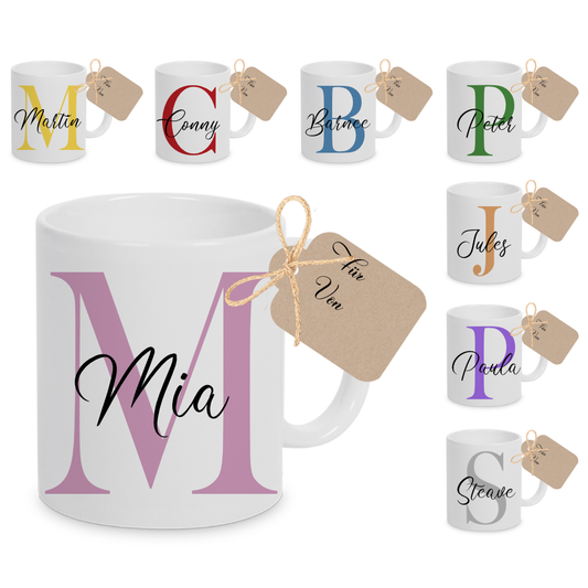 Tasse mit Name und Buchstabe Initiale Monogramm personalisiert mit Namen und Buchstabe als Buchstabentasse weiß Keramik