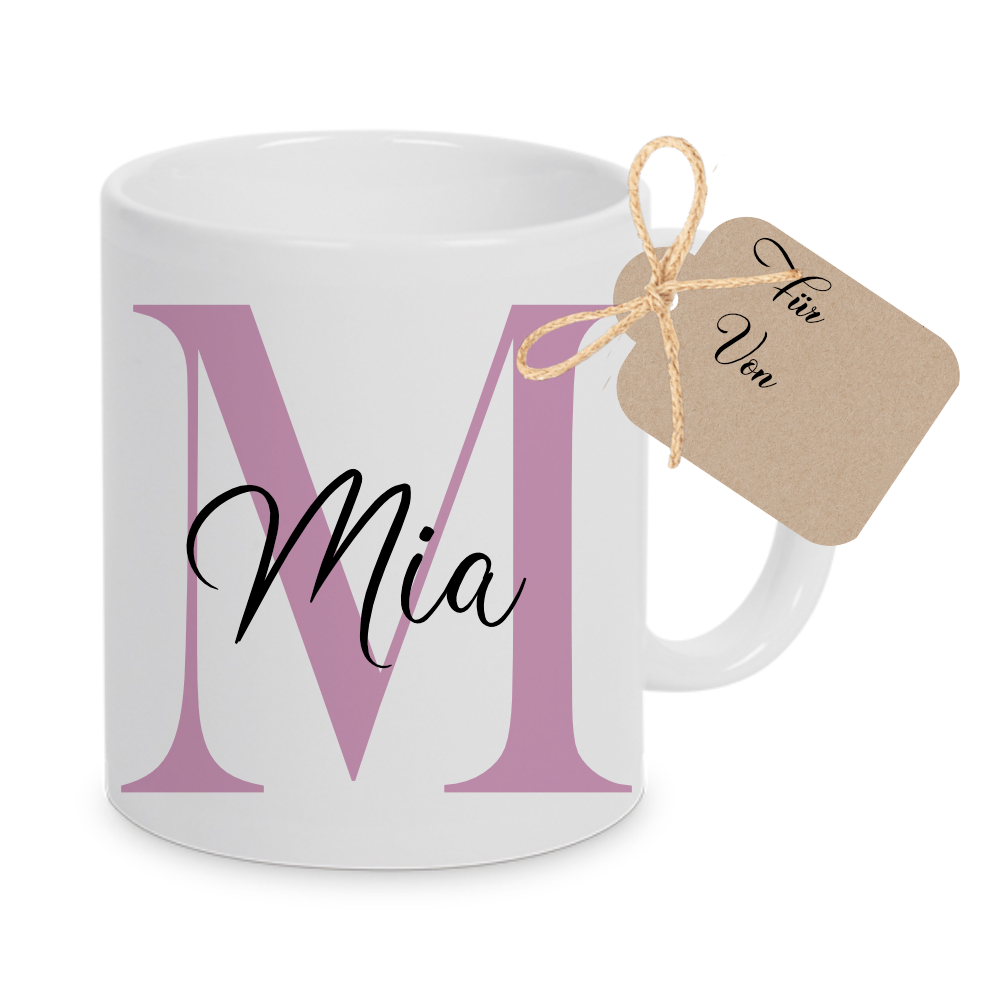 Tasse mit Name und Buchstabe Initiale Monogramm personalisiert mit Namen und Buchstabe als Buchstabentasse weiß Keramik