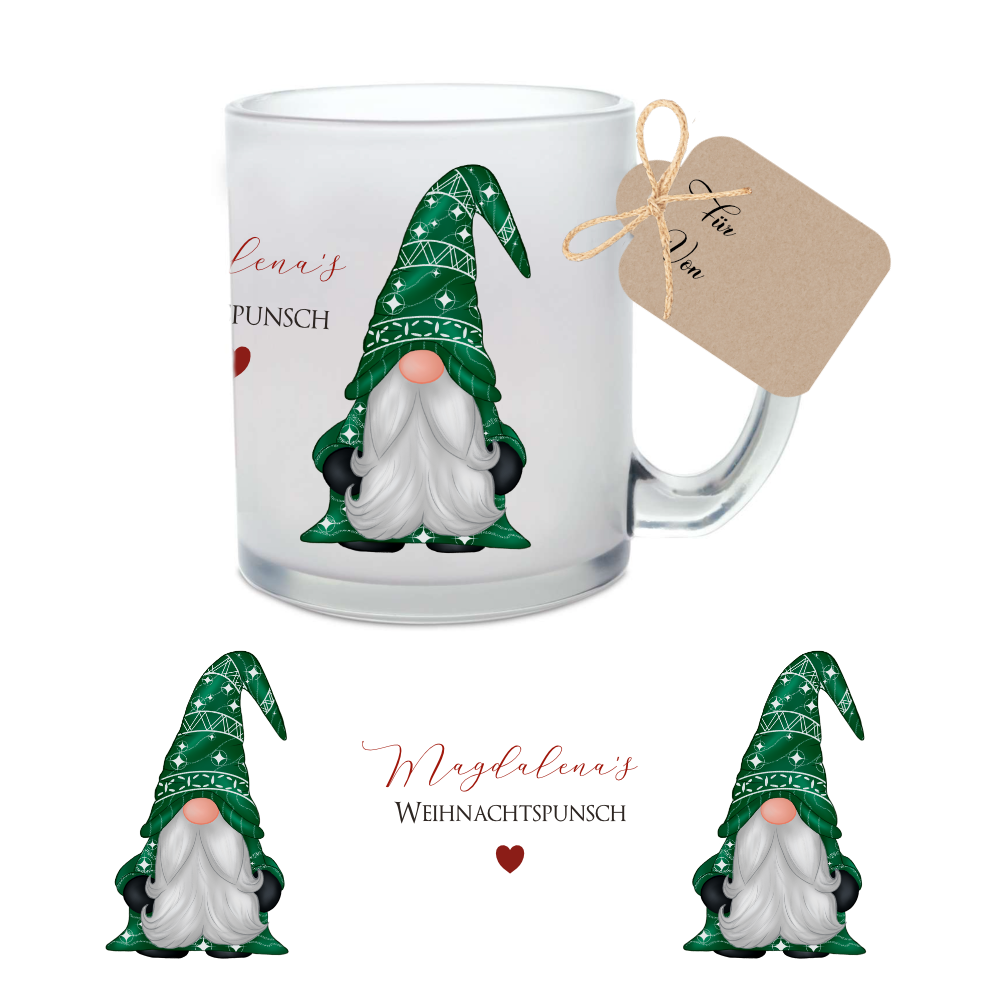 Weihnachtspunsch Tasse aus Glas mit grünem Wichtel und dem Namen personalisiert