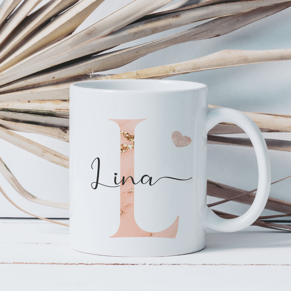 Tasse mit Buchstabe und Name für Sie und Ihn | Kaffeetasse aus Keramik | 2 Motivvarianten zur Auswahl