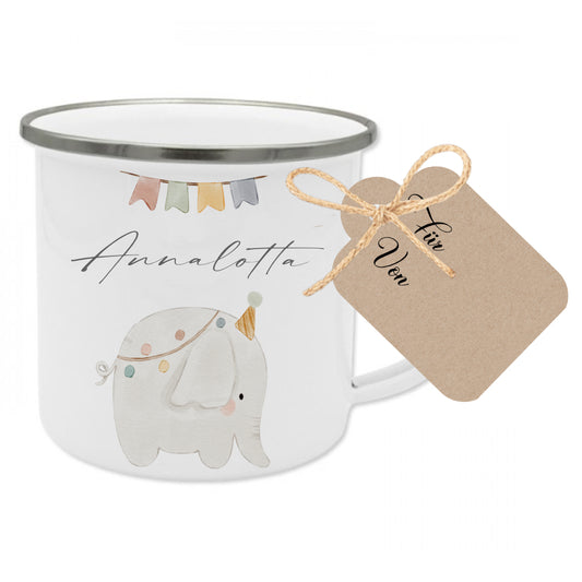 Personalisierte Kindertasse aus Emaille mit Elefant