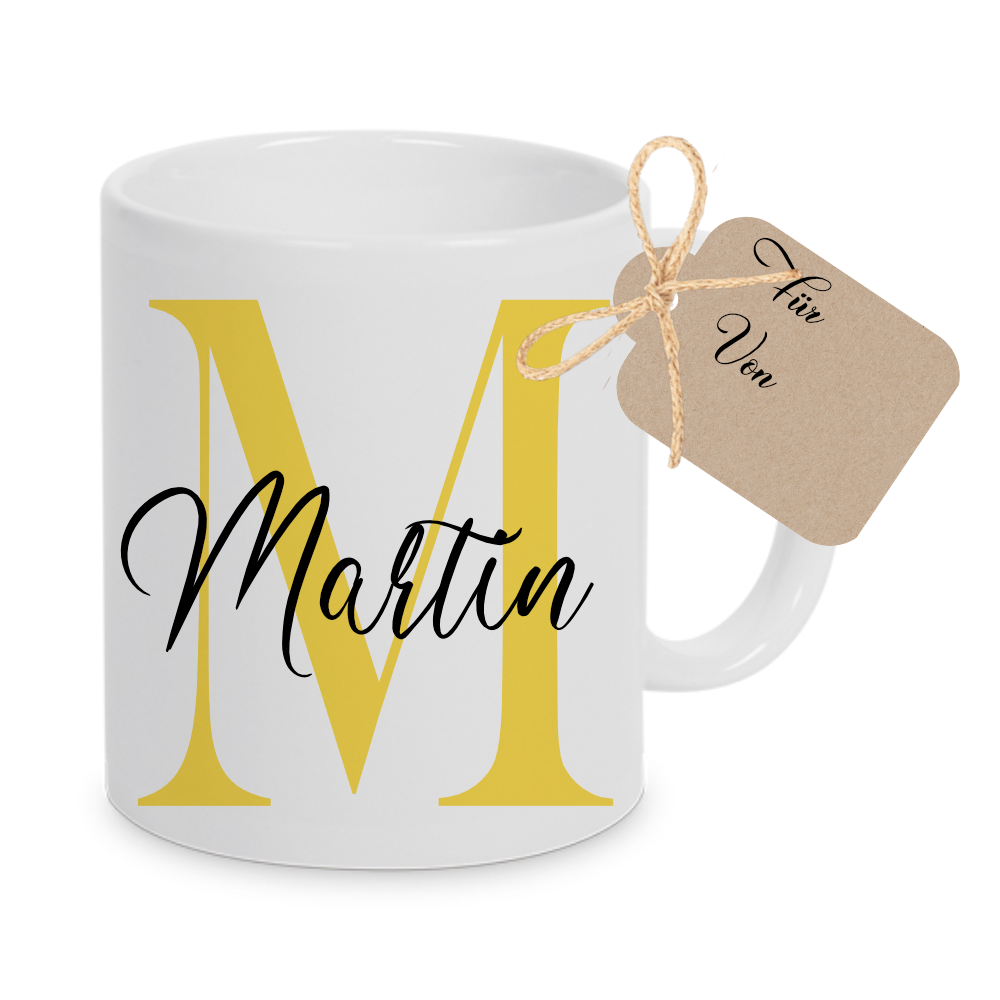 Tasse mit Name und Buchstabe Initiale Monogramm personalisiert mit Namen und Buchstabe als Buchstabentasse weiß Keramik