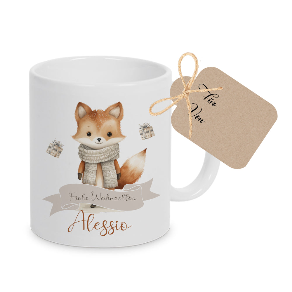 Weihnachtliche Tasse für Kinder, Tasse aus Keramik "Frohe Weihnachten" mit Fuchs und Namen