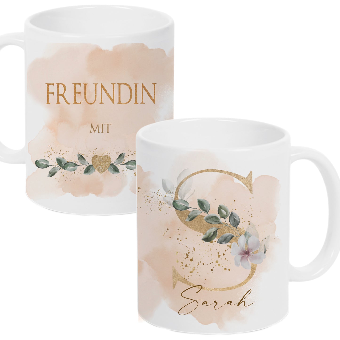 Florale Tasse mit Namen und goldenem Buchstaben personalisierte Kaffeetasse Keramik weiß
