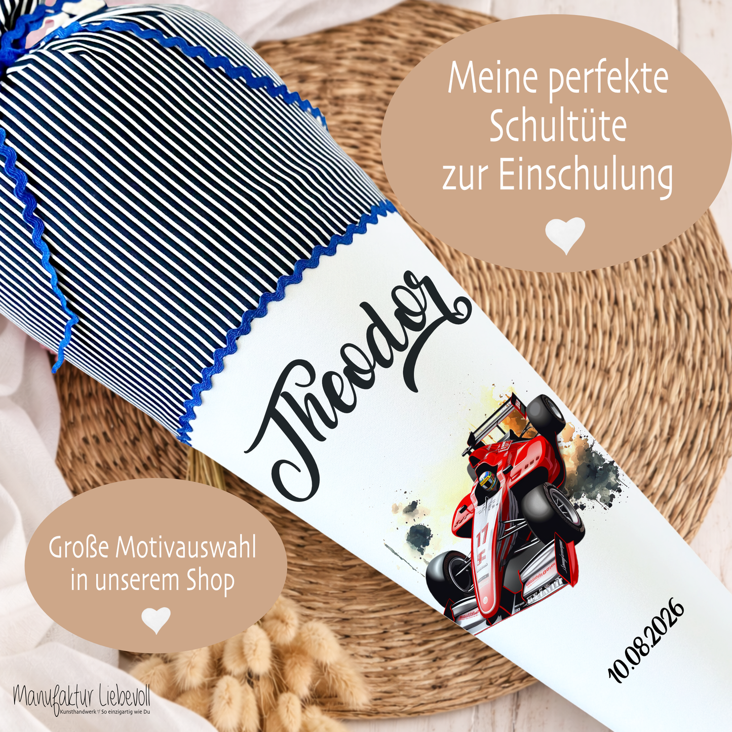 Rennauto Schultüte für Jungen personalisierte Stoff Schultüte Auto Schultüte Sportwagen Rennwagen Einschulung Junge Schulkind Geschenk