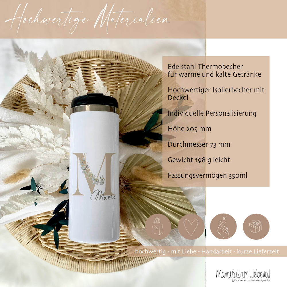 Thermobecher Eukalyptus mit Namen und Buchstaben