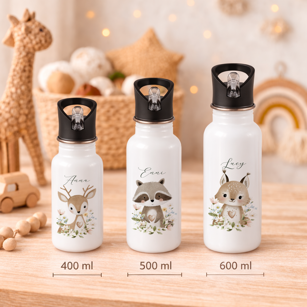 Personalisierte Edelstahl Trinkflasche mit Namen – Süße Waldtiere Motive im Boho-Stil – Kinderflasche mit Strohhalm in 3 Größen