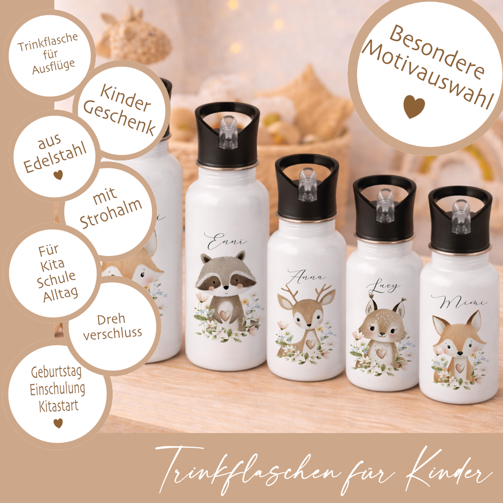 Personalisierte Edelstahl Trinkflasche mit Namen – Süße Waldtiere Motive im Boho-Stil – Kinderflasche mit Strohhalm in 3 Größen