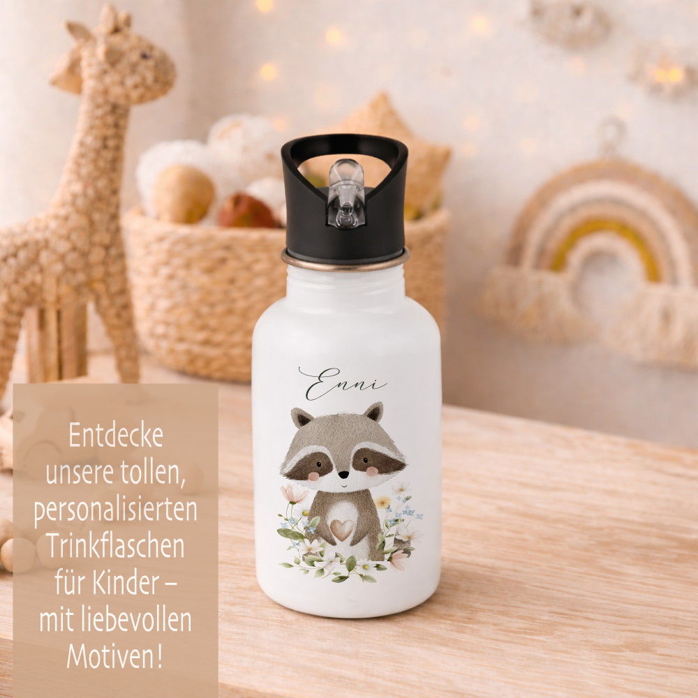 Personalisierte Edelstahl Trinkflasche mit Namen – Süße Waldtiere Motive im Boho-Stil – Kinderflasche mit Strohhalm in 3 Größen