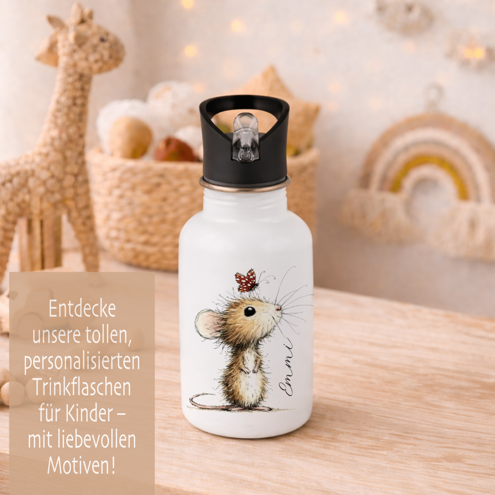 Personalisierte Edelstahl-Trinkflasche mit Strohhalm – Süße Maus-Motive & Wunschname – 400ml / 500ml / 600ml