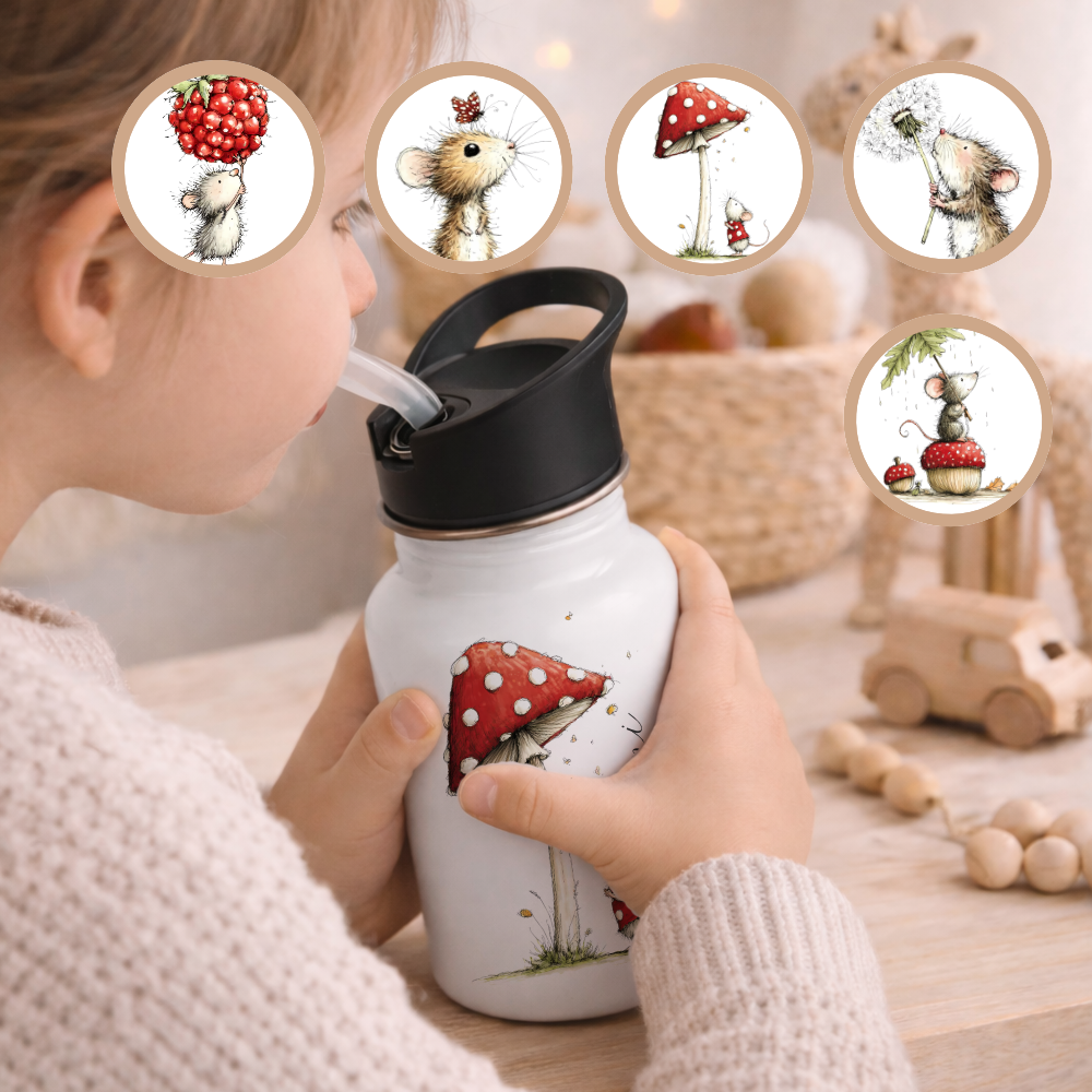 Personalisierte Edelstahl-Trinkflasche mit Strohhalm – Süße Maus-Motive & Wunschname – 400ml / 500ml / 600ml