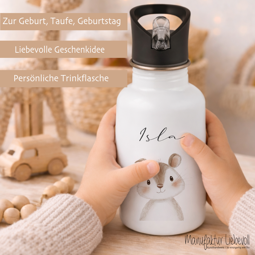 Personalisierte Kinder Trinkflasche mit Name – Edelstahl Trinkflasche mit Strohhalm 400ml / 500ml / 600ml – Tiermotiv für Kita & Schule