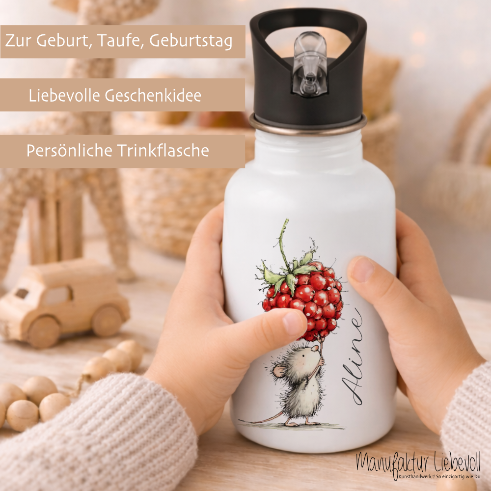 Personalisierte Edelstahl-Trinkflasche mit Strohhalm – Süße Maus-Motive & Wunschname – 400ml / 500ml / 600ml