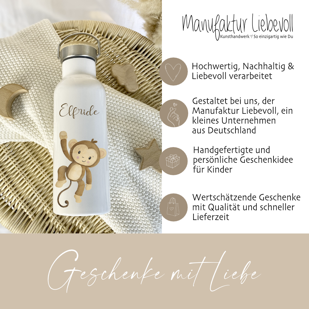Trinkflasche Affe Geschenkidee mit Namen für Kinder