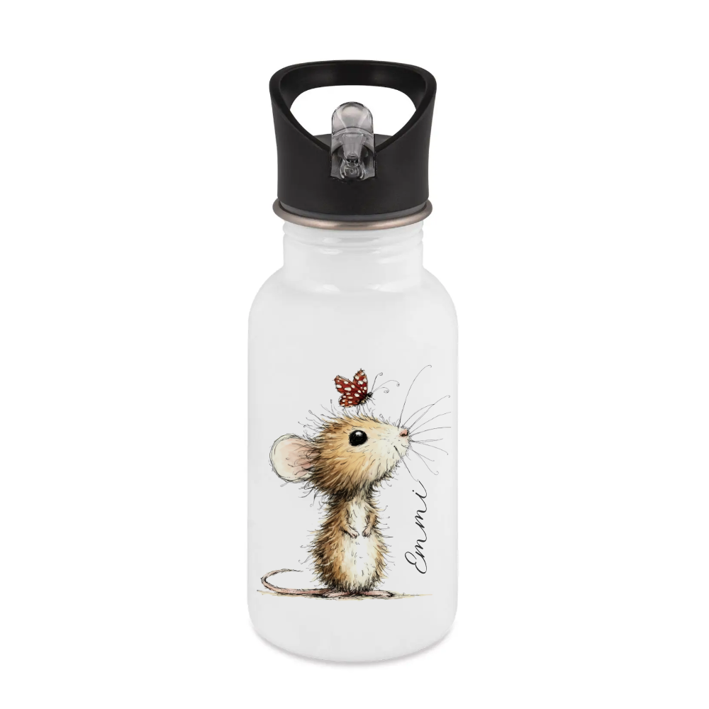 Personalisierte Edelstahl-Trinkflasche mit Strohhalm – Süße Maus-Motive & Wunschname – 400ml / 500ml / 600ml