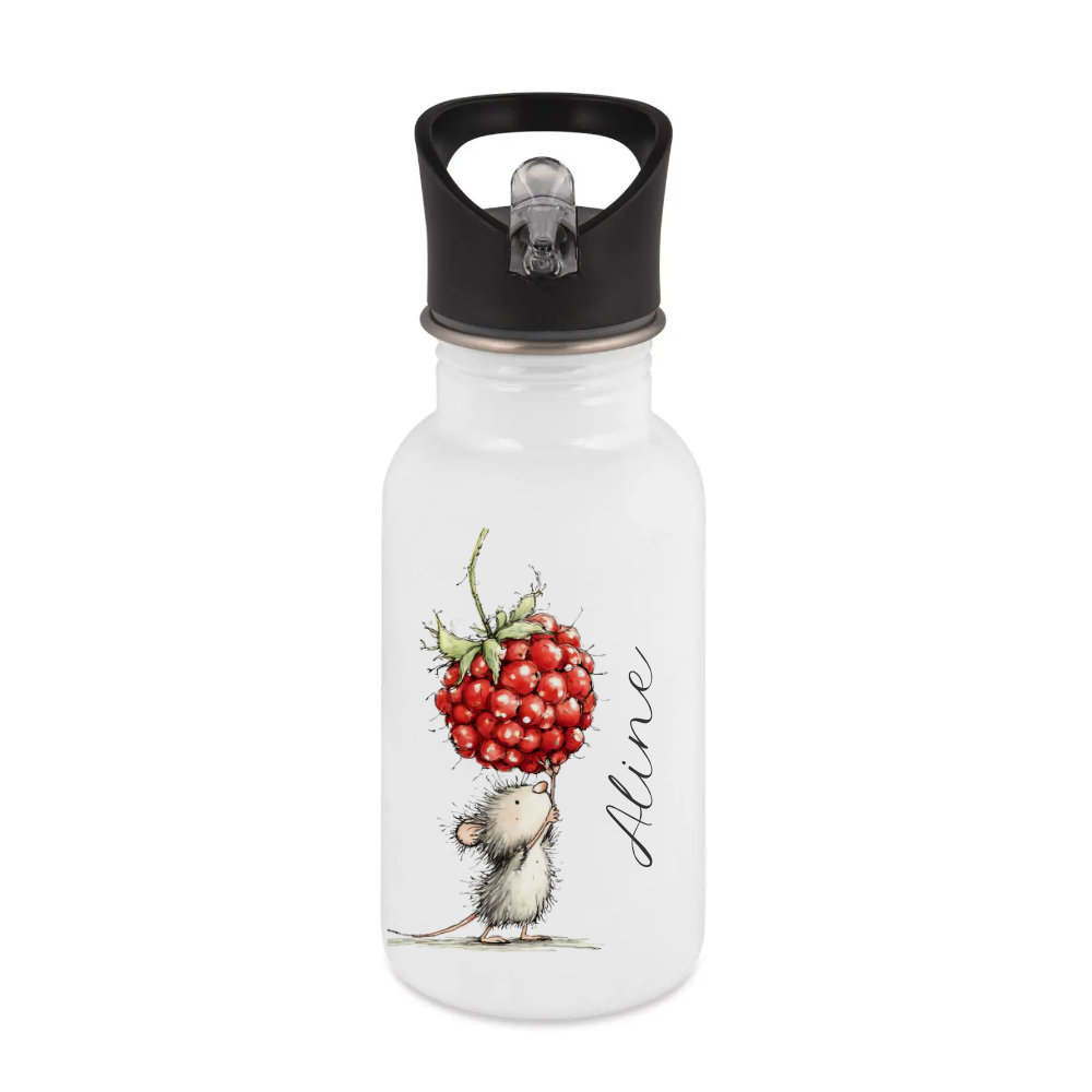 Personalisierte Edelstahl-Trinkflasche mit Strohhalm – Süße Maus-Motive & Wunschname – 400ml / 500ml / 600ml