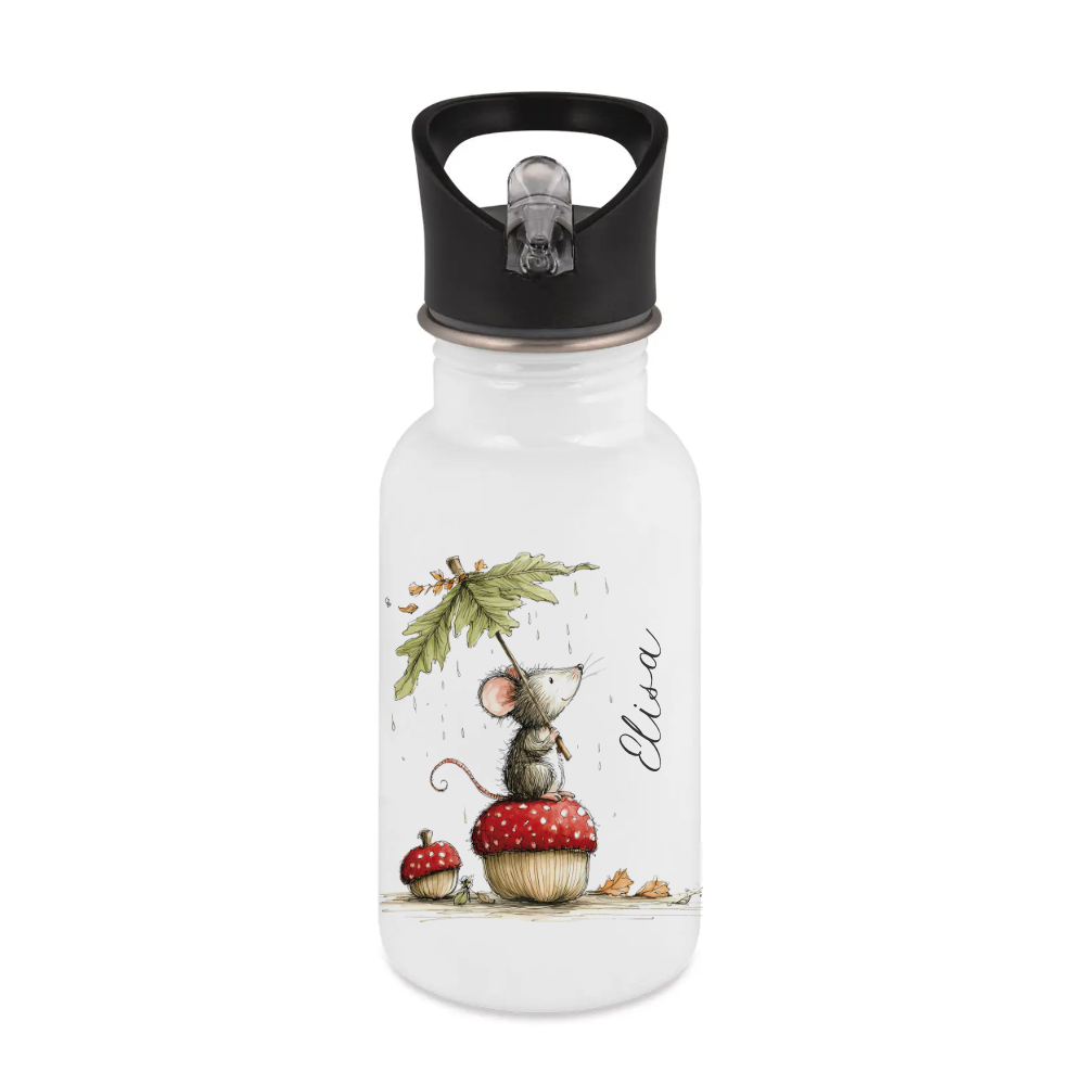 Personalisierte Edelstahl-Trinkflasche mit Strohhalm – Süße Maus-Motive & Wunschname – 400ml / 500ml / 600ml