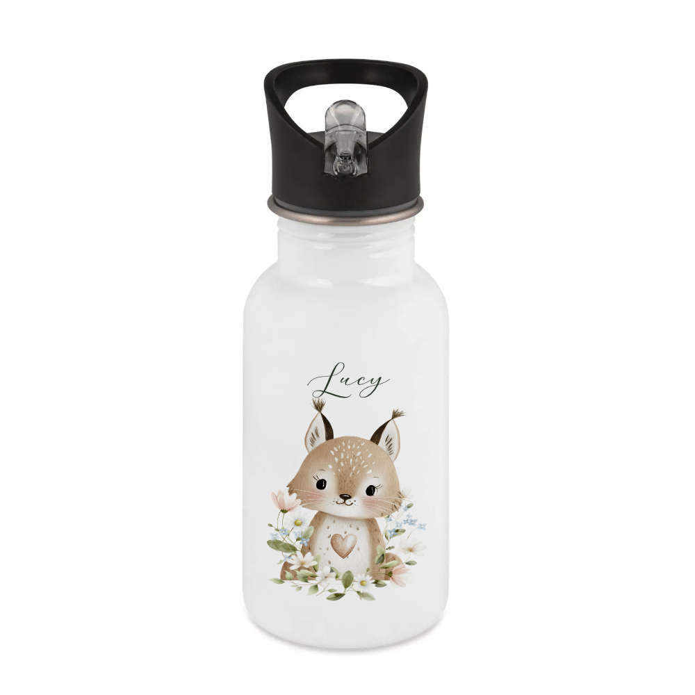 Personalisierte Edelstahl Trinkflasche mit Namen – Süße Waldtiere Motive im Boho-Stil – Kinderflasche mit Strohhalm in 3 Größen