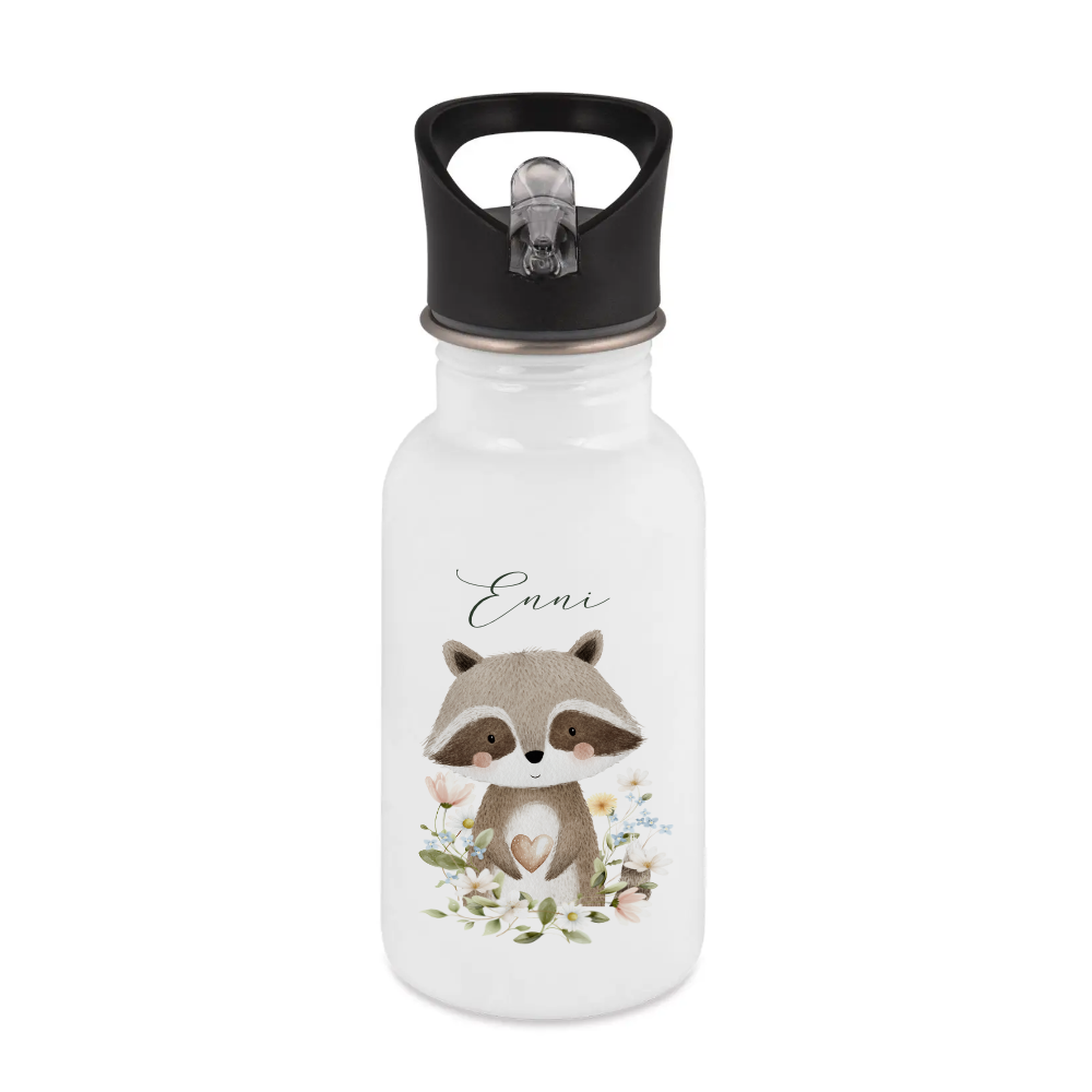 Personalisierte Edelstahl Trinkflasche mit Namen – Süße Waldtiere Motive im Boho-Stil – Kinderflasche mit Strohhalm in 3 Größen