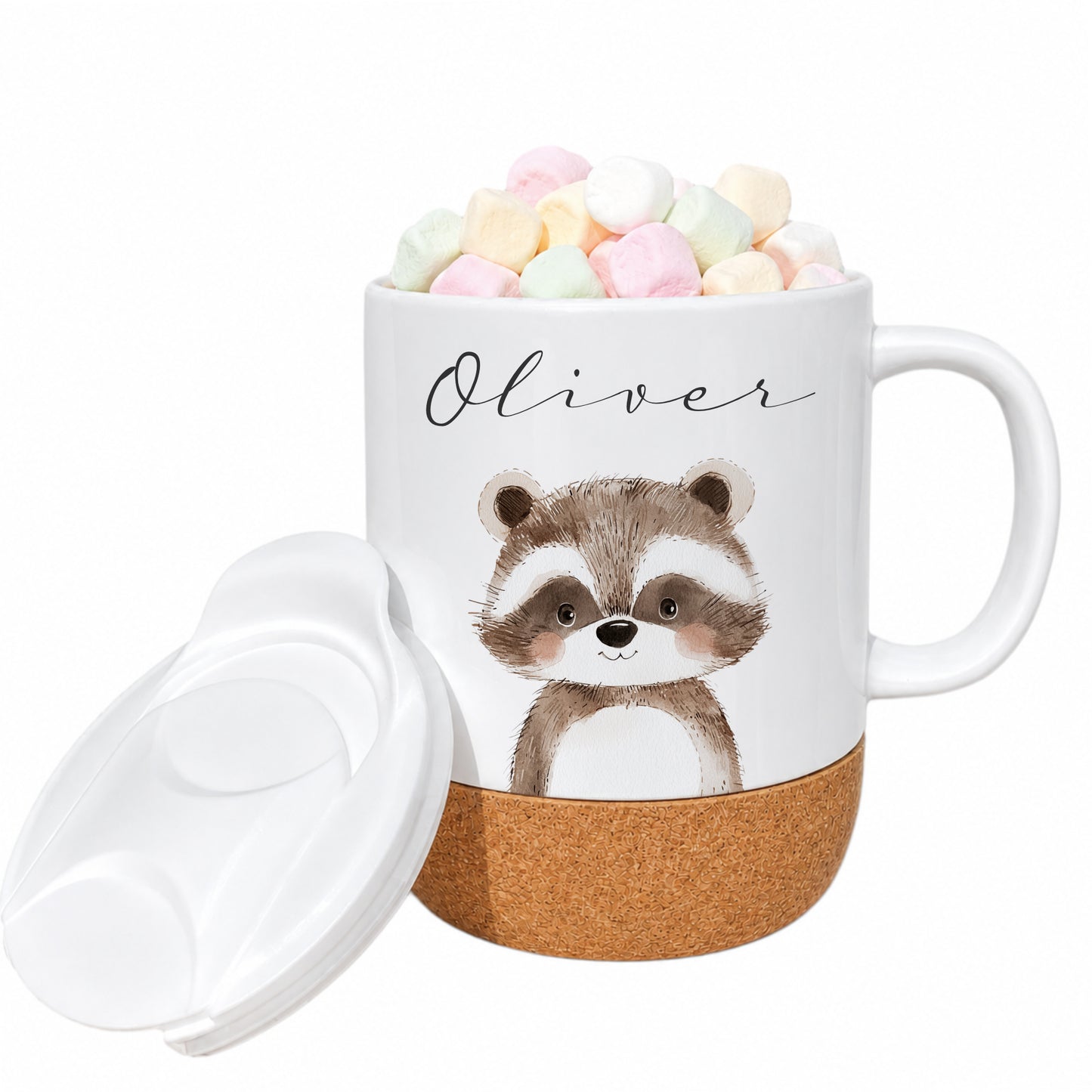Personalisierte Kindertasse mit Name – Keramiktasse mit Korkboden & Deckel | 12 Tiermotive