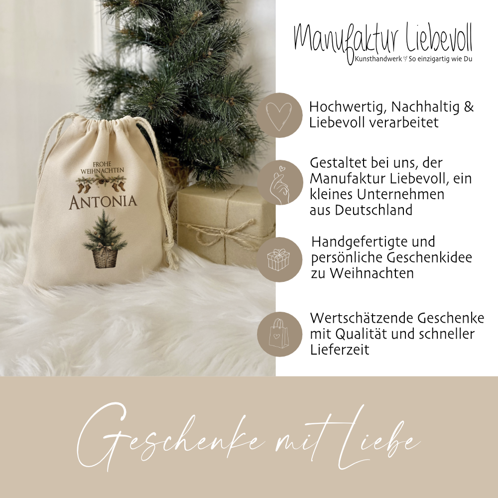 Geschenkbeutel aus Stoff, Personalisierter Stoffbeutel für Geschenke zum Weihnachtsfest, Motiv: Weihnachtsbaum