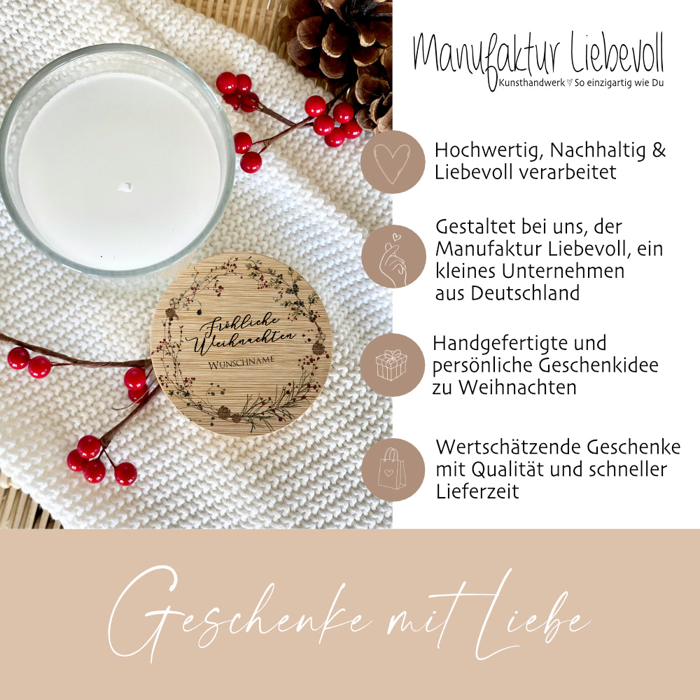 Weihnachtliche Kerze "Fröhliche Weihnachten" mit Wunschname, Duftkerze im Glas mit Bambusdeckel