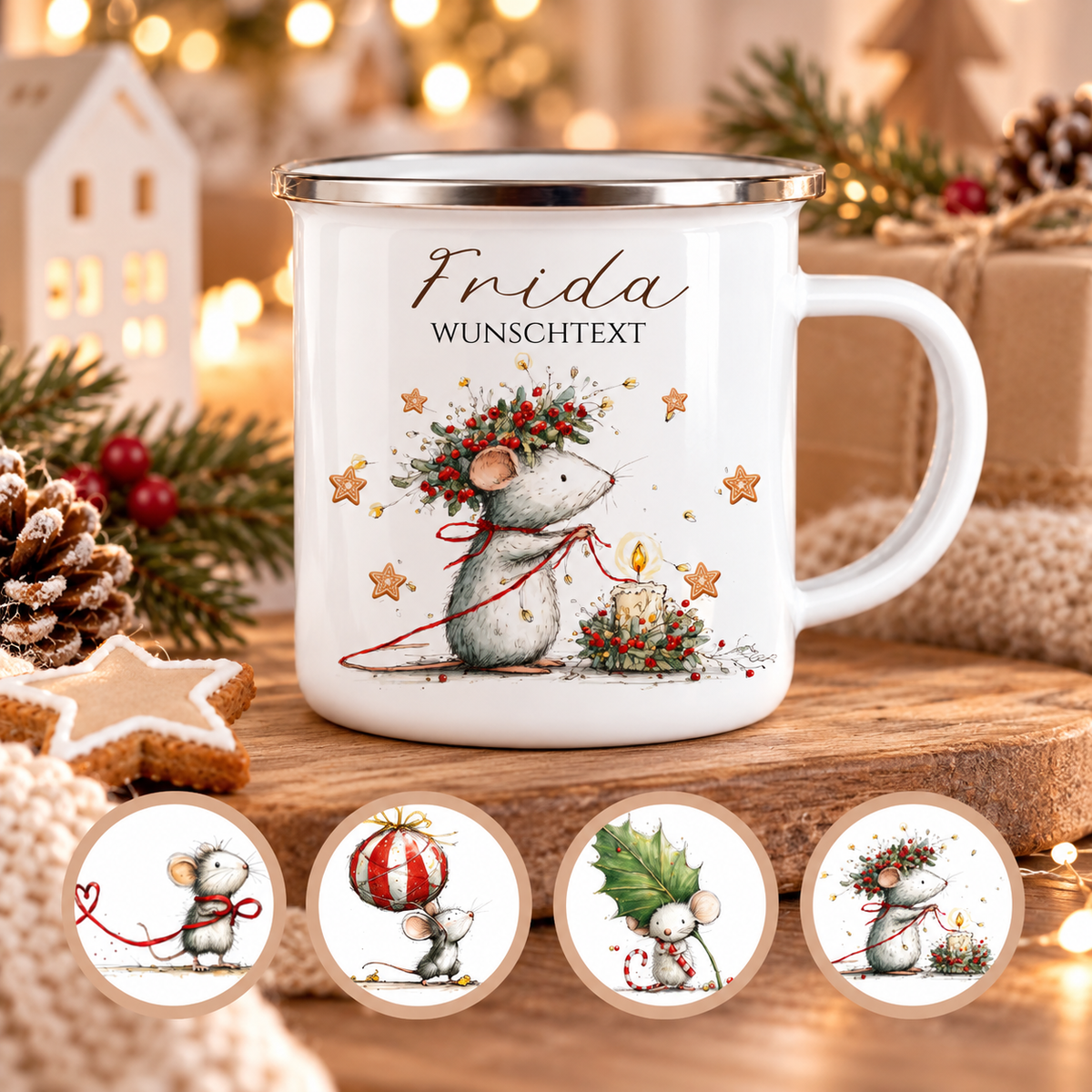 Emaille Tasse personalisiert mit Namen – 4 süße Weihnachtsmäuse