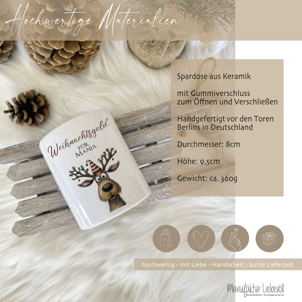 Weihnachtsgeld Spardose mit Rentier und dem Namen personalisiert