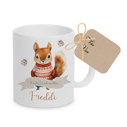 Weihnachtliche Tasse für Kinder, Tasse aus Keramik "Frohe Weihnachten" mit Eichhörnchen und Namen