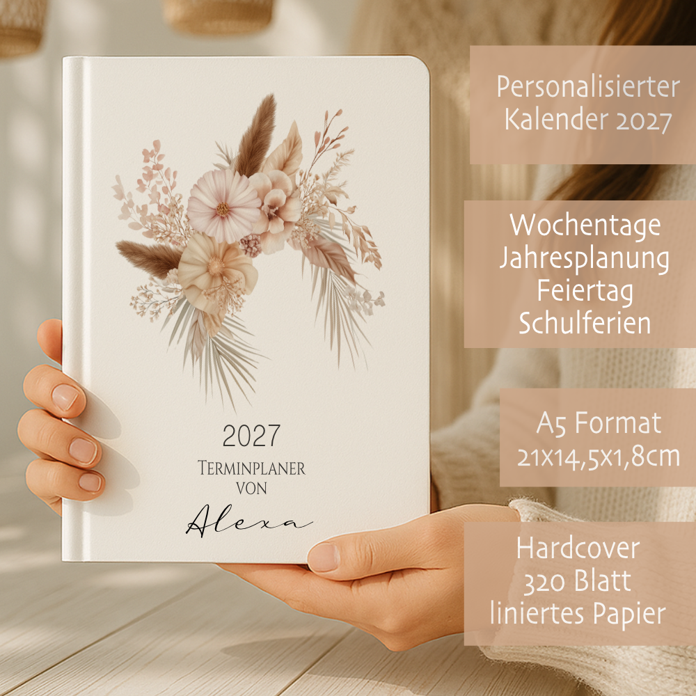 Personalisierter Terminplaner 2027 Din A5 | Hardcover Buchkalender mit Name | Florales & Boho Design