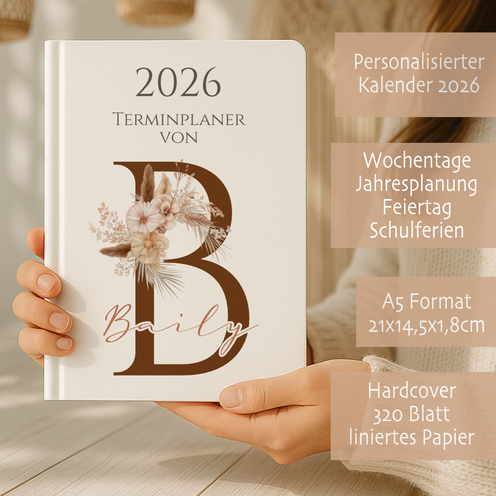 Personaliserter Buchkalender 2026 Din A5 | Hardcover Terminplaner mit Name | Wochenplaner Weiß