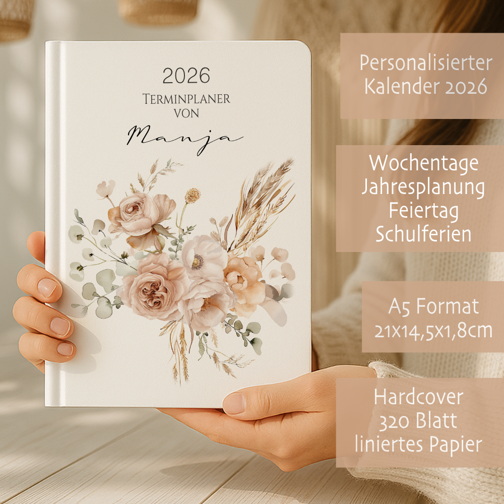 Personalisierter Terminplaner 2026 Din A5 | Hardcover Buchkalender mit Name | Florales & Boho Design