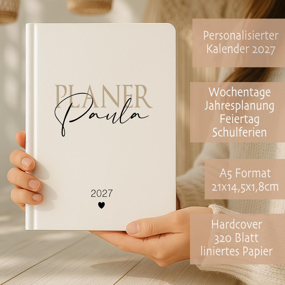 Personalisierter Terminplaner 2027 Din A5 | Hardcover Buchkalender mit Name | Weißes Cover, Modernes Design