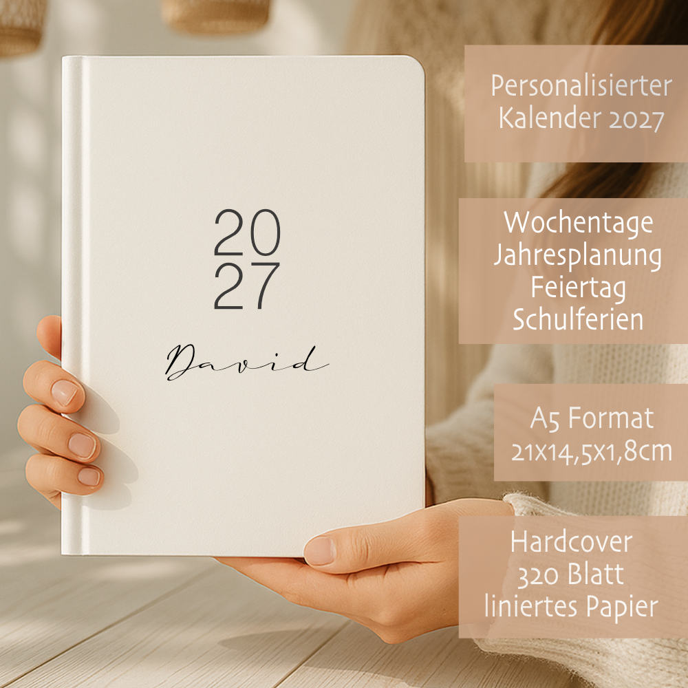 Personalisierter Terminplaner 2027 Din A5 | Minimalistischer Buchkalender mit Name | Weißes Hardcover – Manufaktur Liebevoll