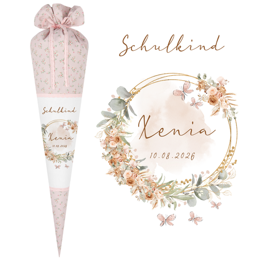 Eukalyptus Schultüte mit Namen für Mädchen Einschulung Schulkind 2025 Boho Schultüte Stoff Vintage Rosa Blumen Zuckertüte Einschulungstüte