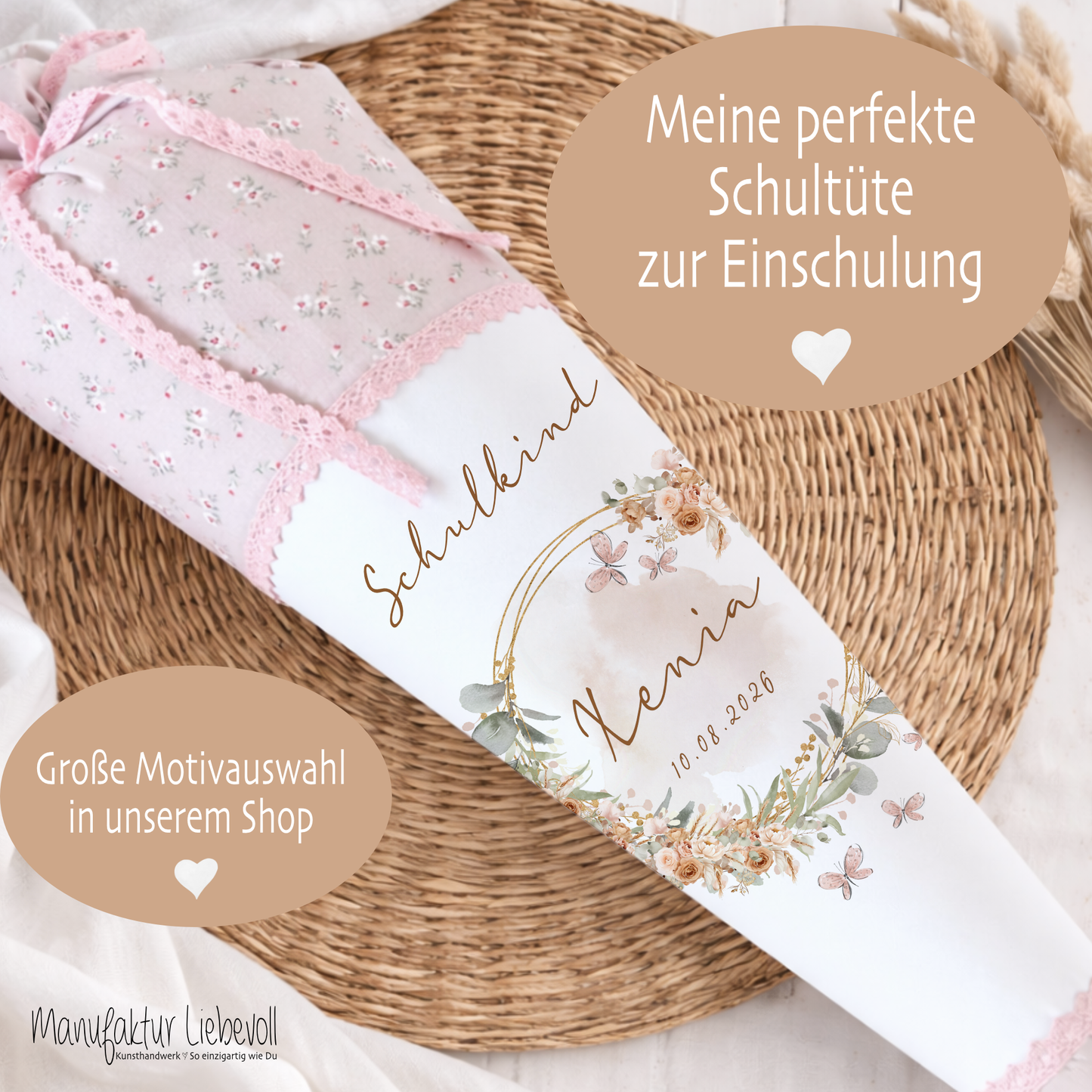 Eukalyptus Schultüte mit Namen für Mädchen Einschulung Schulkind 2025 Boho Schultüte Stoff Vintage Rosa Blumen Zuckertüte Einschulungstüte