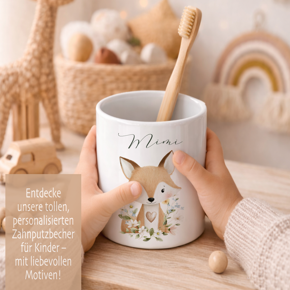 Personalisierter Zahnputzbecher aus Keramik mit Namen – Süße Waldtiere Motive im Boho-Stil – Kinder Zahnbürstenhalter fürs Badezimmer