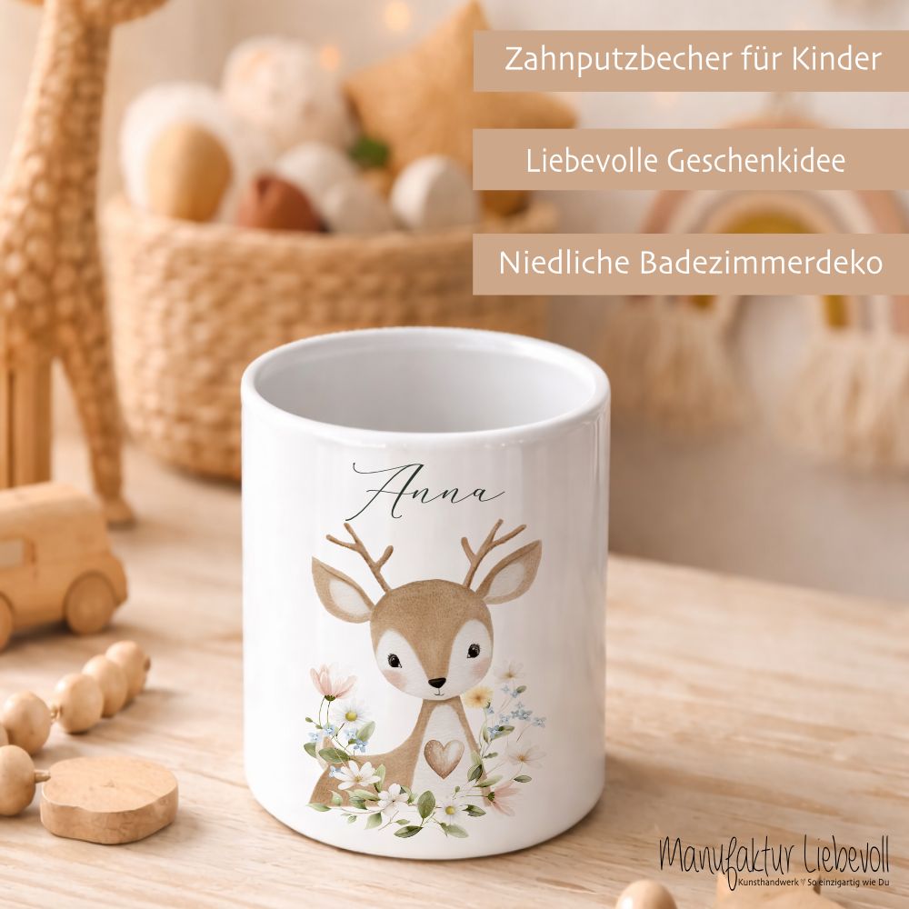 Personalisierter Zahnputzbecher aus Keramik mit Namen – Süße Waldtiere Motive im Boho-Stil – Kinder Zahnbürstenhalter fürs Badezimmer