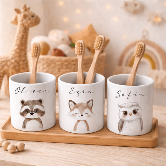 Personalisierter Zahnputzbecher für Kinder aus Keramik – Zahnbecher mit Namen & Tiermotiv