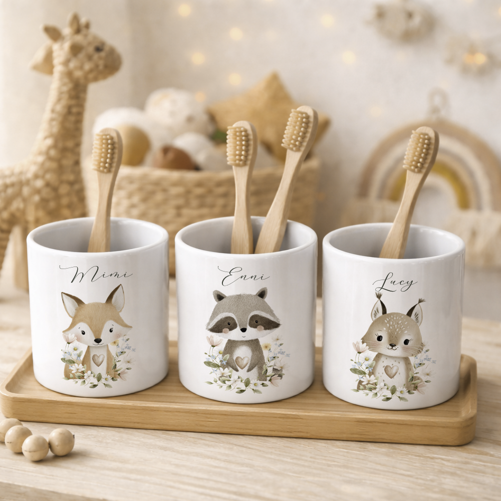 Personalisierter Zahnputzbecher aus Keramik mit Namen – Süße Waldtiere Motive im Boho-Stil – Kinder Zahnbürstenhalter fürs Badezimmer