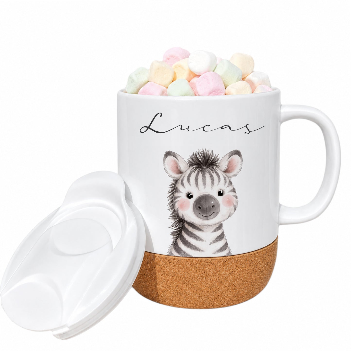 Personalisierte Kindertasse mit Name – Keramiktasse mit Korkboden & Deckel | 12 Tiermotive